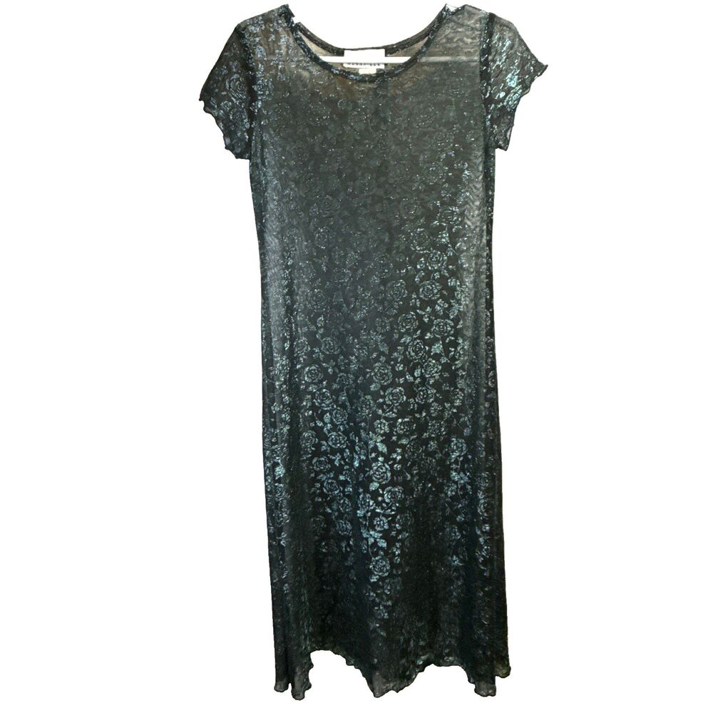 Vintage Megan Lee Sheer Mesh Dress Womens 6 Green Black Metallic Floral Rose Y2K